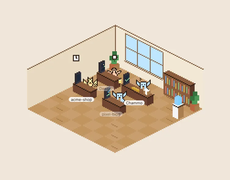 The pixel office — each session is a character working at a desk (acme-shop, pixel-blog, Chammo, Design)