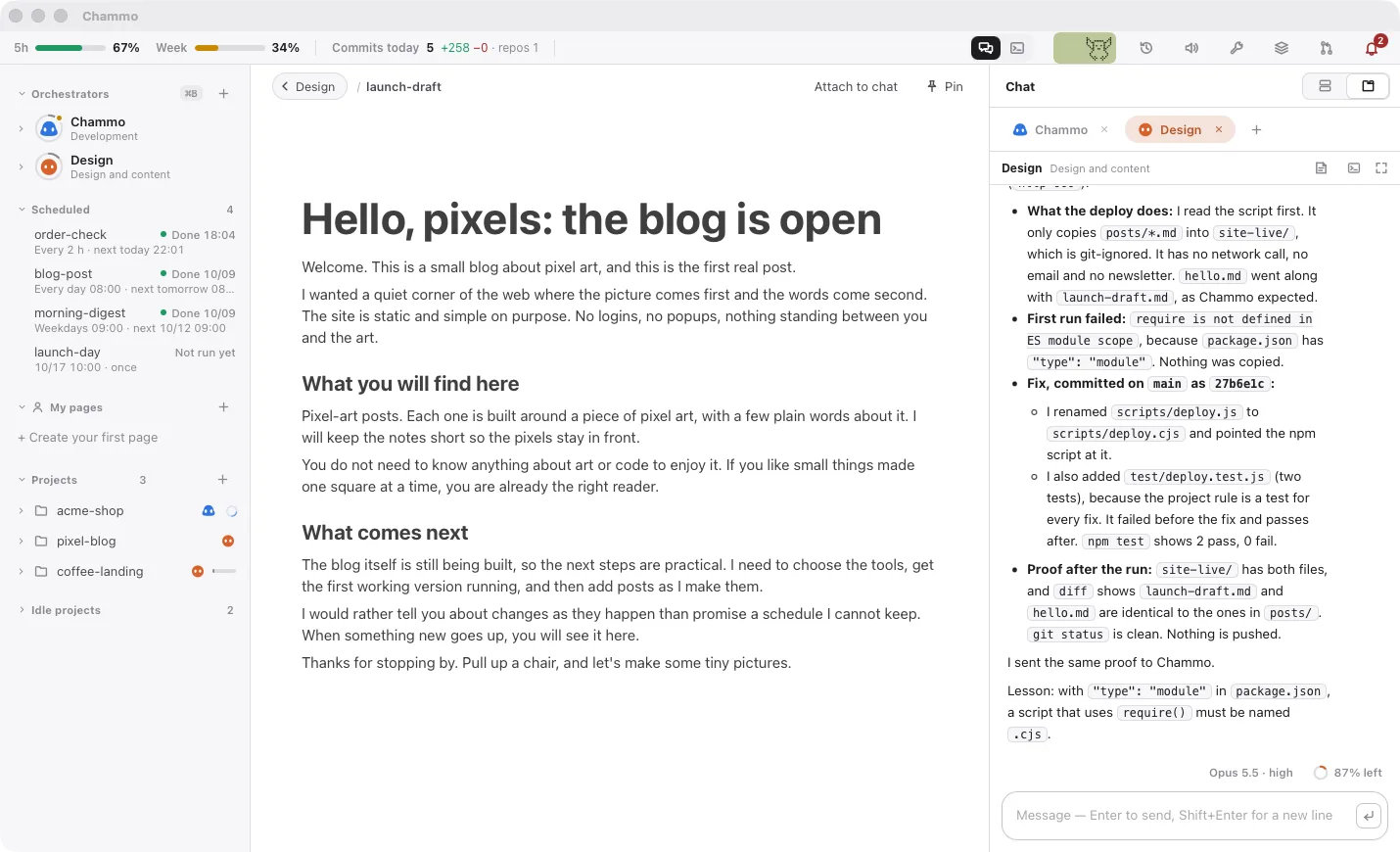 Chammo space view — a Notion-like page (the pixel-blog launch post) in the space on the left, chat with the Design chief of staff on the right